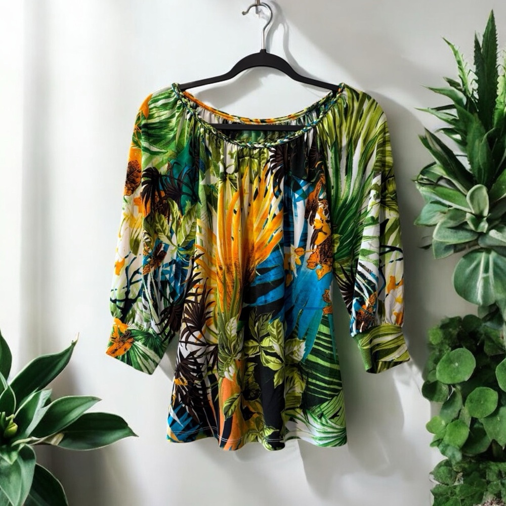 Green, Yellow & Blue Tropical Print Top
